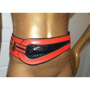 Salena's Collection Vintage 1985 Red Leather Black Snake Skin Wide Belt Italy OS